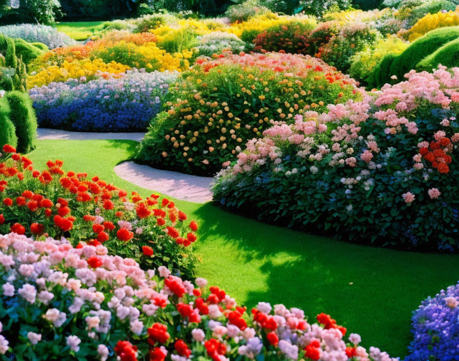 Colorful Flowerbeds and Green Shrubbery in Vibrant Garden Path