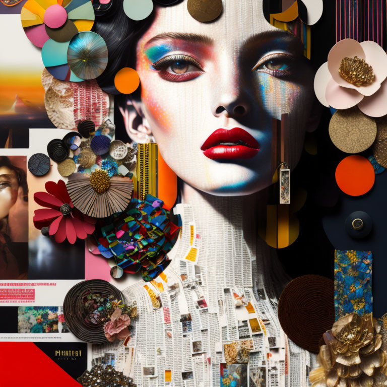 Colorful Collage Featuring Woman's Face and Various Textures