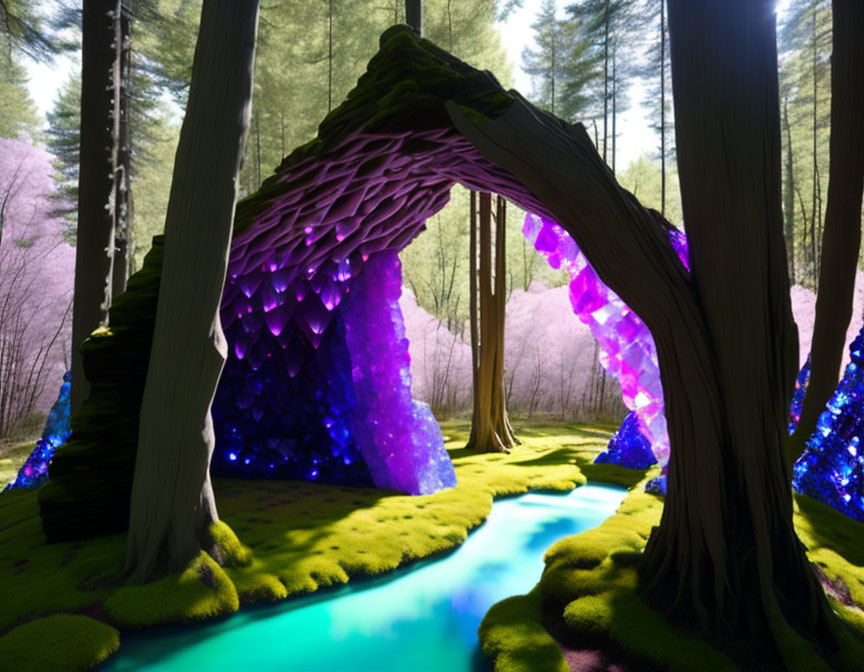 Fantastical Purple Crystal Cave with Glowing Blue River