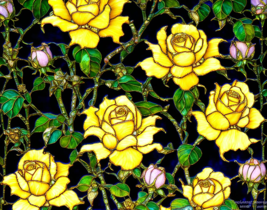 Colorful stained glass pattern with yellow roses and green leaves on a dark background