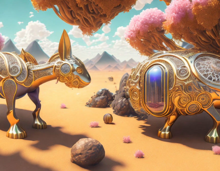 Golden mechanical rabbits in futuristic desert landscape with fantasy trees and mountains