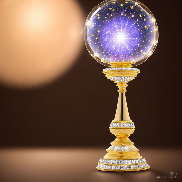 Crystal Ball with Starry Interior on Golden Stand Against Brown Backdrop