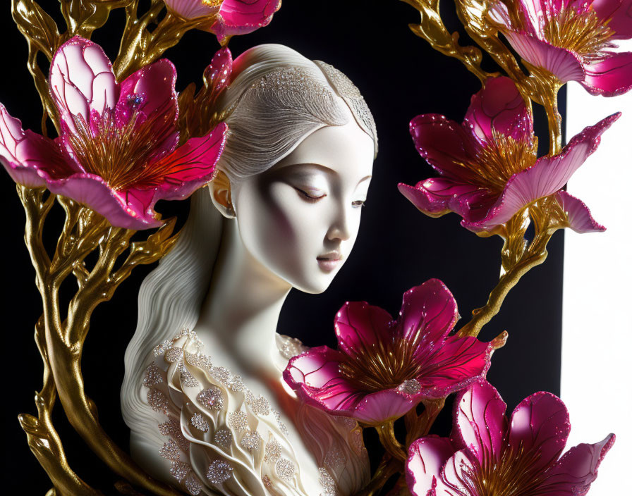 Porcelain woman figure with golden and pink floral details on black background