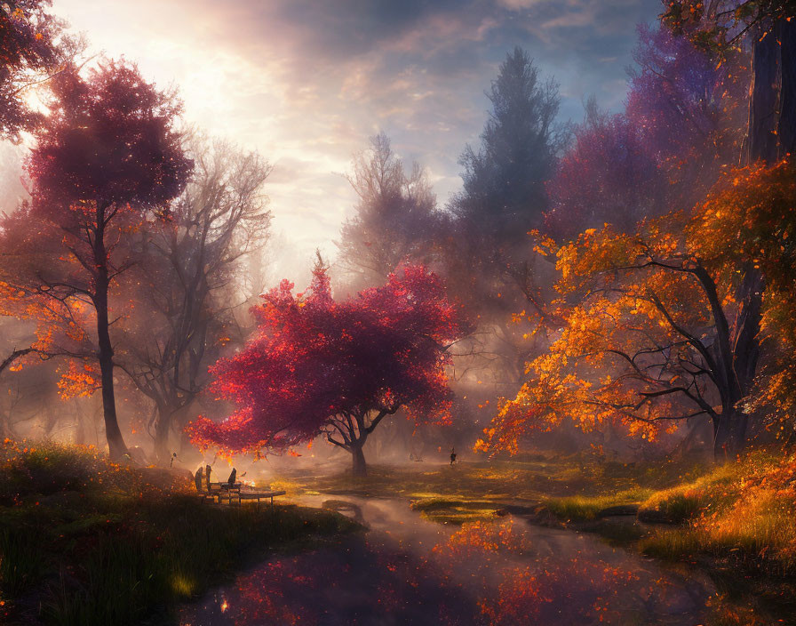 Vibrant autumn forest scene with misty sun rays and wandering figures