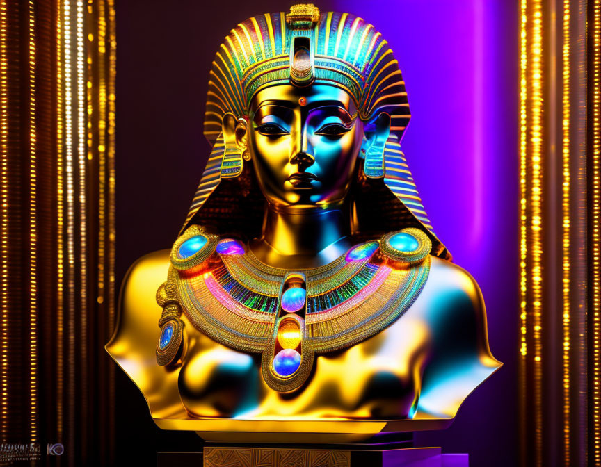 Egyptian Pharaoh Bust with Ornate Headdress and Jewelry on Illuminated Background