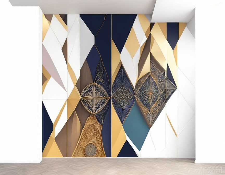 Geometric Wall Design in Modern Room with Gold, Blue, and Beige Tones