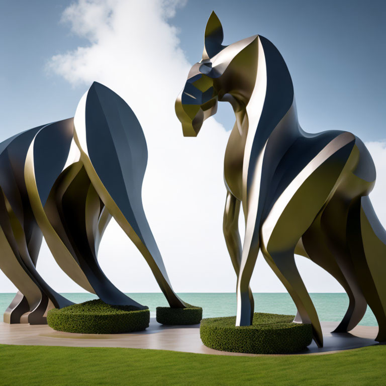 Metallic Horse Sculptures on Grass by Calm Sea