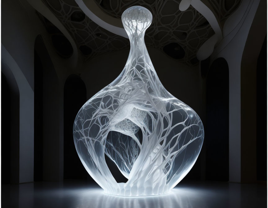 Large White Tree-Like Sculpture with Organic Patterns and Illumination