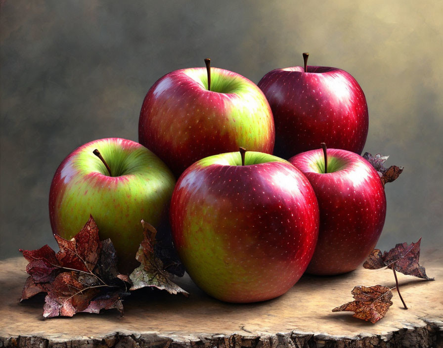 Fresh red and green apples on wooden surface with dried leaves against brown background.