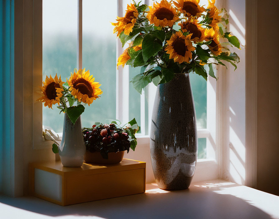 Sunflower bouquet in tall vase next to bowl of cherries on windowsill