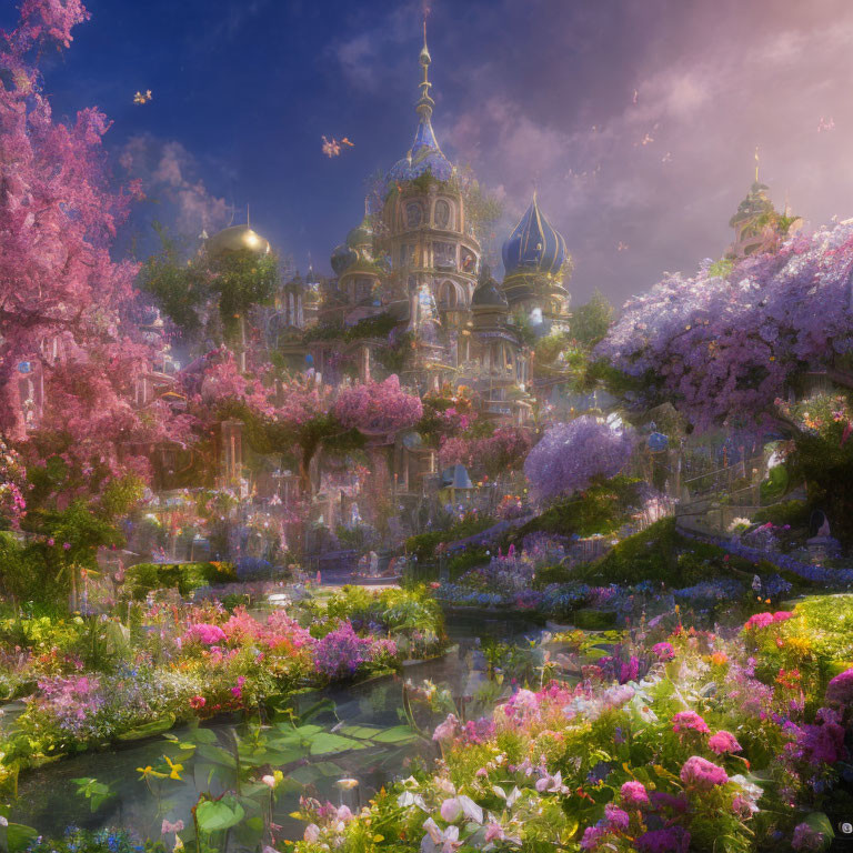 Majestic palace in lush garden with cherry blossoms