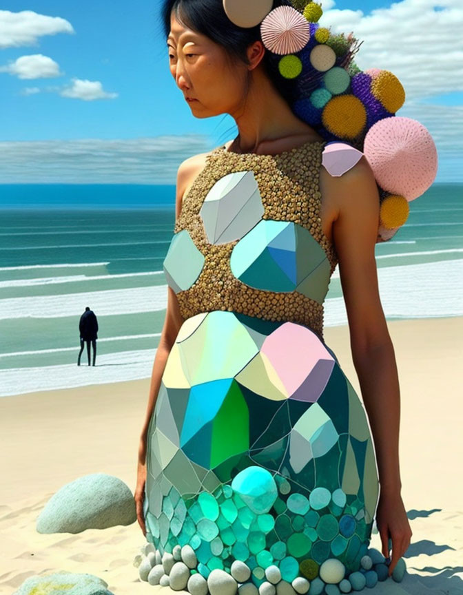 Colorful Pom-Pom Dress Woman on Beach with Mirror Fragments