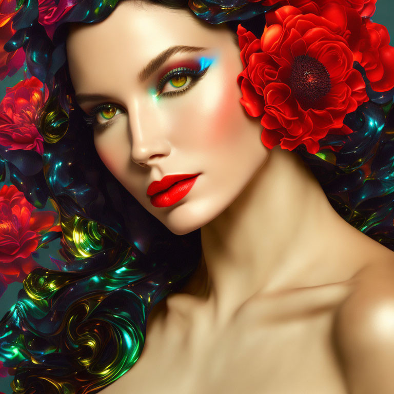 Woman with Blue Eyeshadow and Red Lipstick Surrounded by Flowers