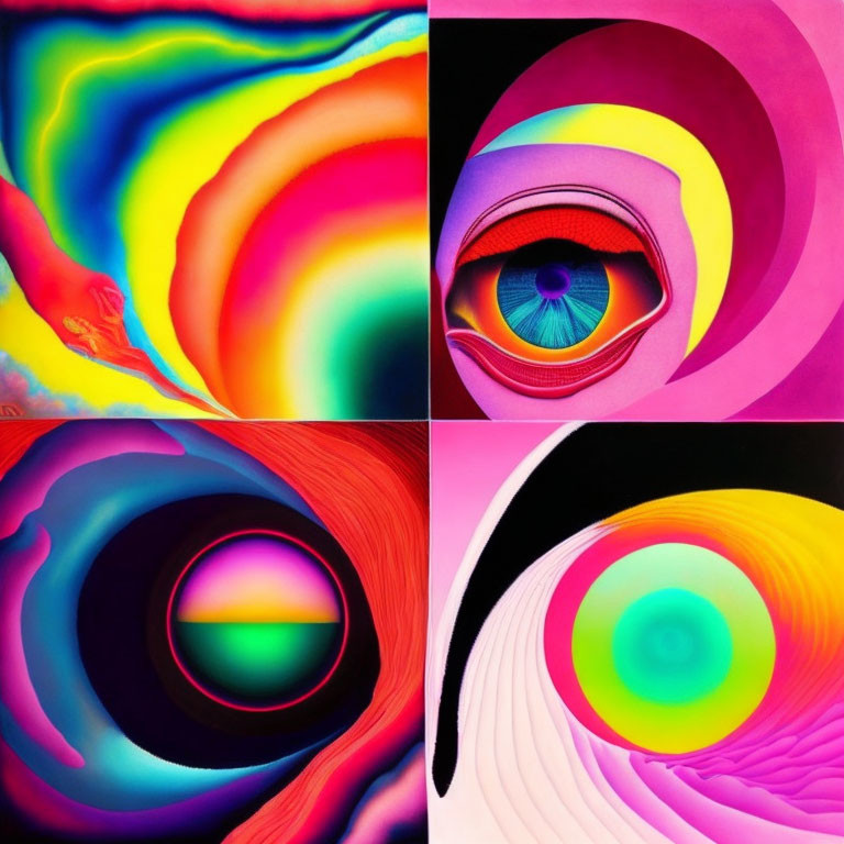 Abstract images: vibrant colors, flowing patterns, eye in concentric circles