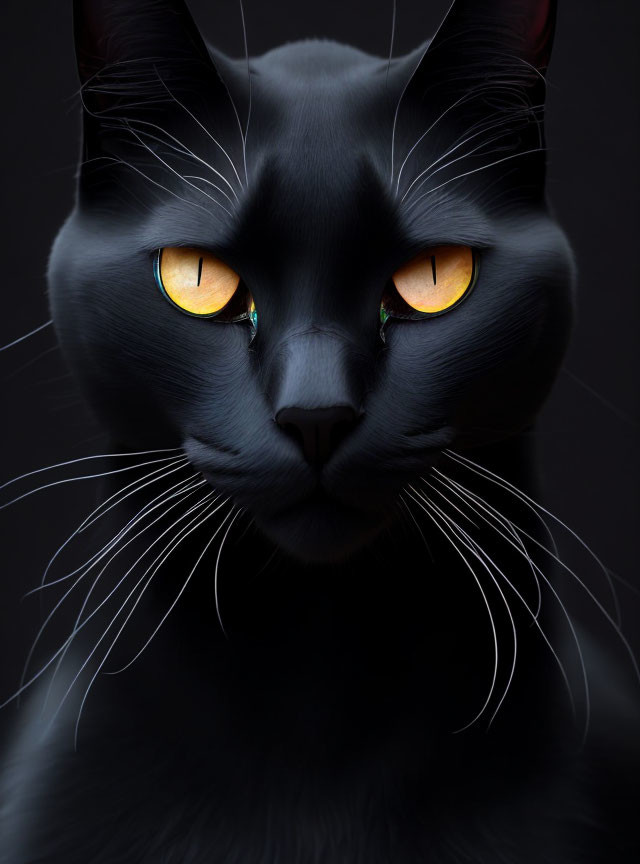 Black Cat with Striking Orange Eyes and Prominent Whiskers