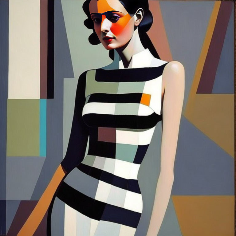 Geometric patterned woman in digital art with colorful blocks on dress and face.