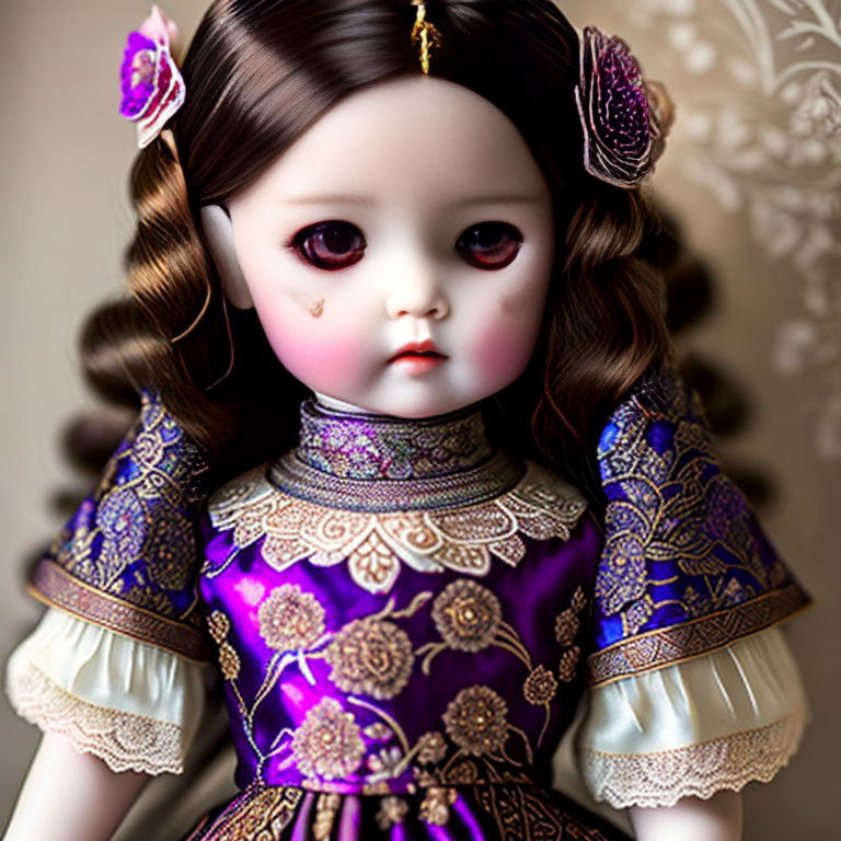 Porcelain doll with braided hair and purple floral dress