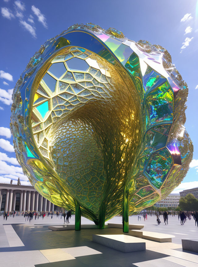 Golden canopy futuristic tree sculpture in public square