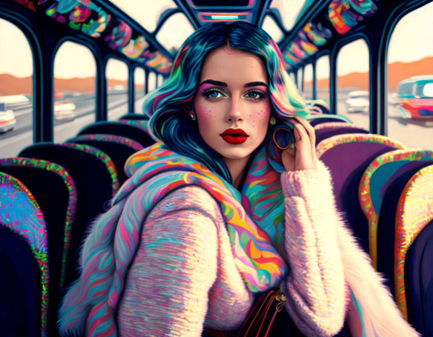 Colorful Hair Woman Contemplates on Bus Seat