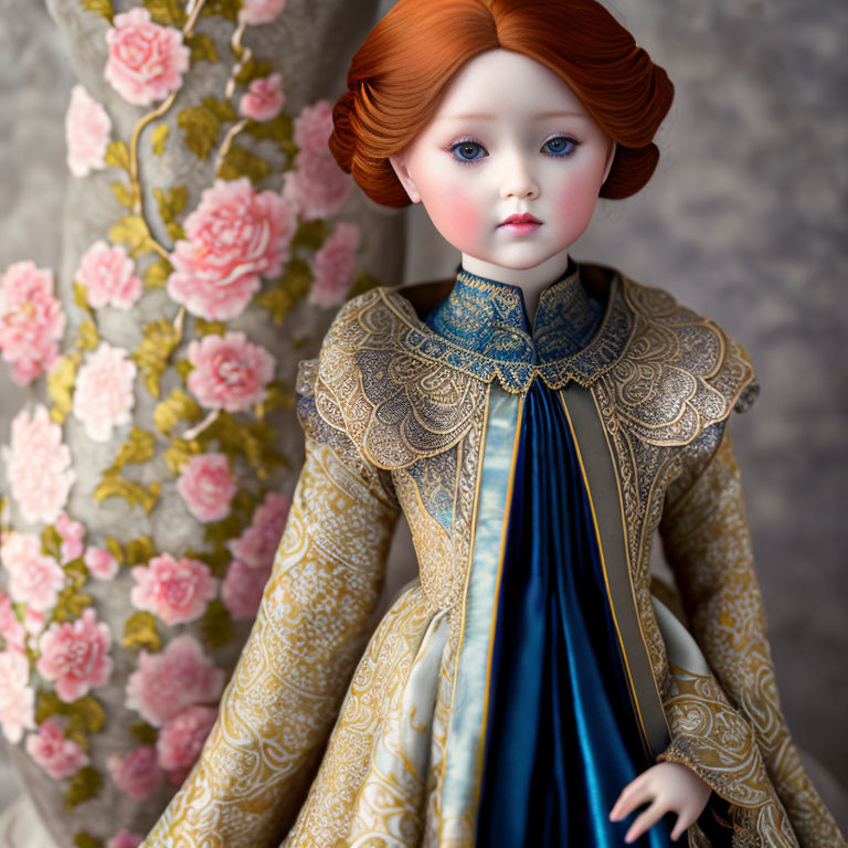 Red-haired porcelain doll in Renaissance attire on floral backdrop