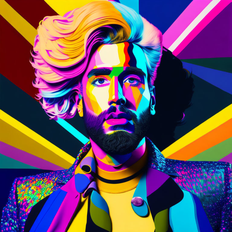 Colorful digital portrait of a bearded man with stylish hair and geometric patterns