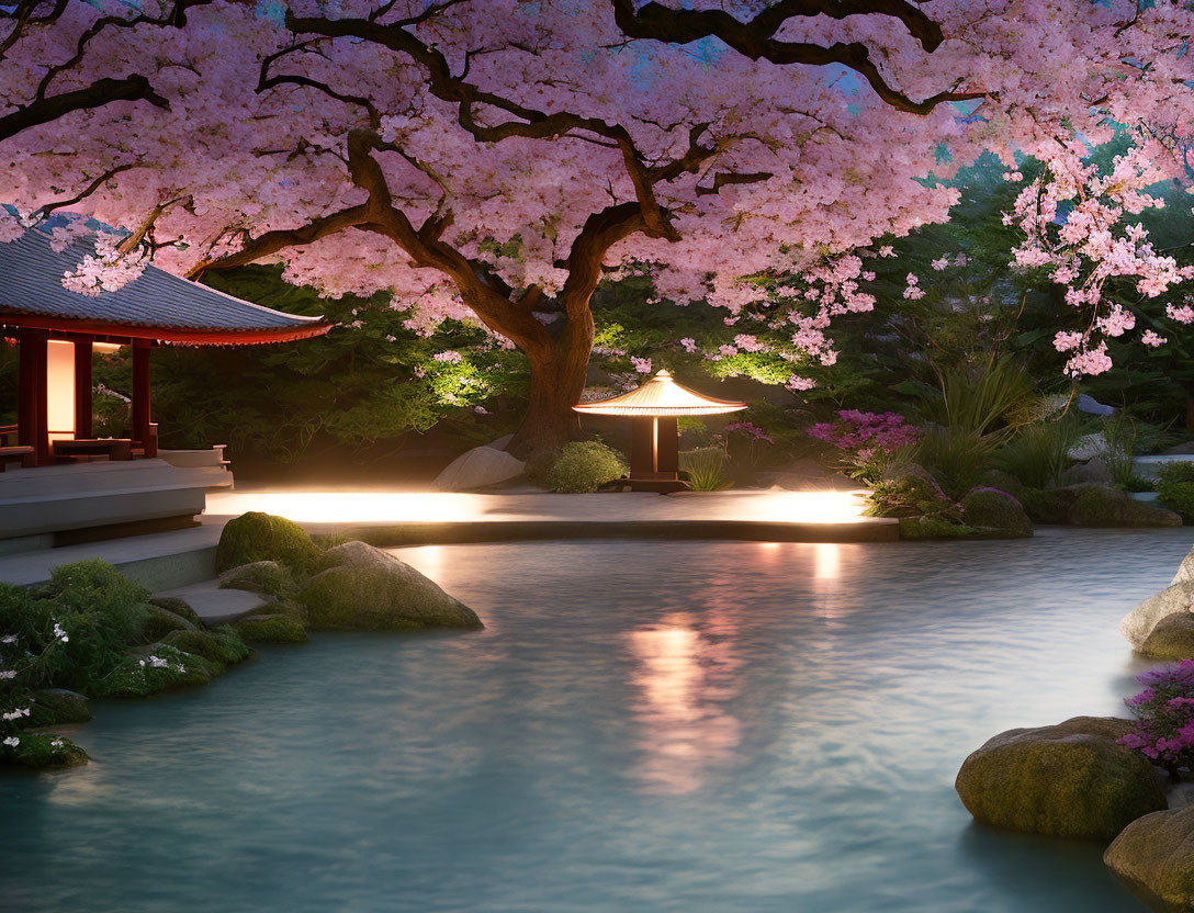 Japanese garden at twilight with cherry blossoms, pond, lantern, and pavilion