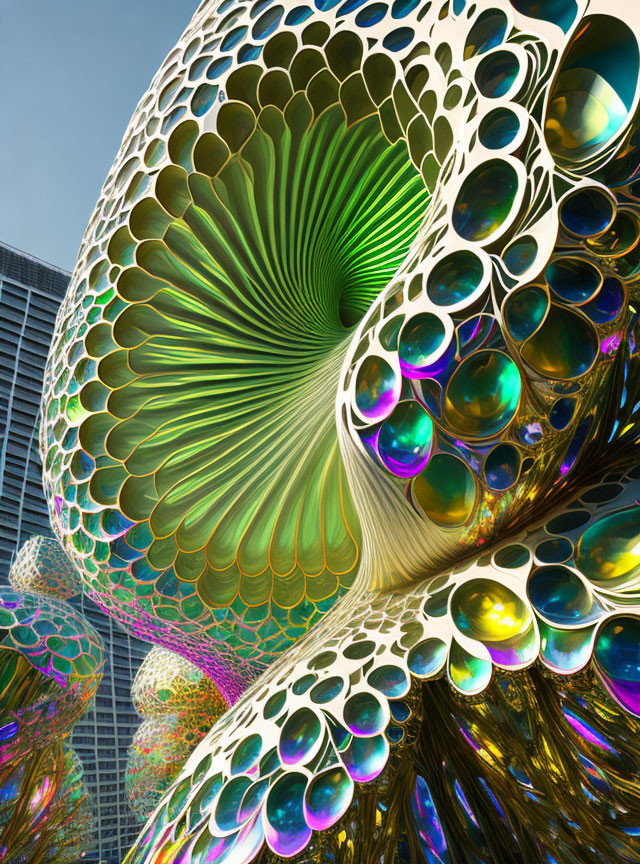 Iridescent peacock feather design on surreal organic structure