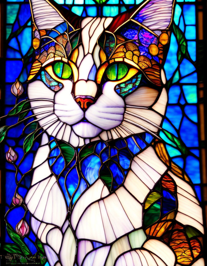 Colorful Stained Glass Artwork of Whimsical Cat with Multicolored Eyes