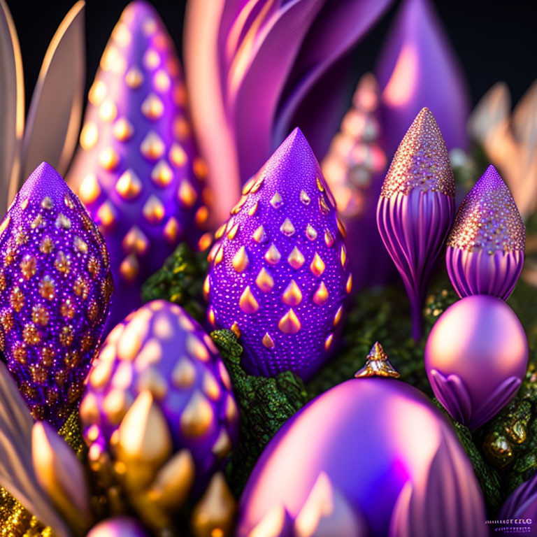 Intricate Purple and Gold Flora Sculptures on Dark Background