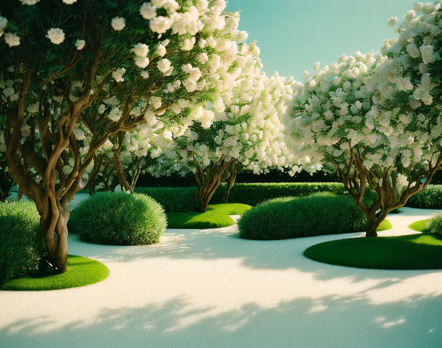 White Flowering Trees and Manicured Shrubs in Lush Garden