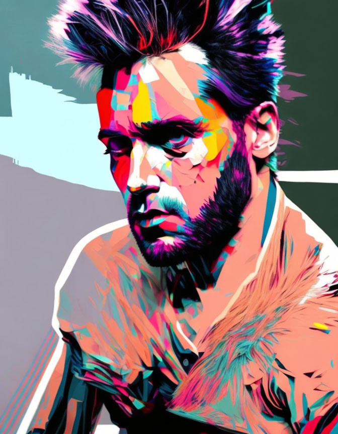 Vibrant digital portrait of man with beard & geometric patterns