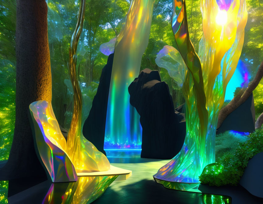 Luminescent forest with glowing trees and mysterious figure