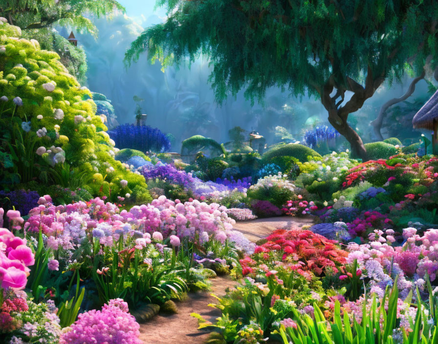 Lush garden pathway with vibrant flowers and green trees