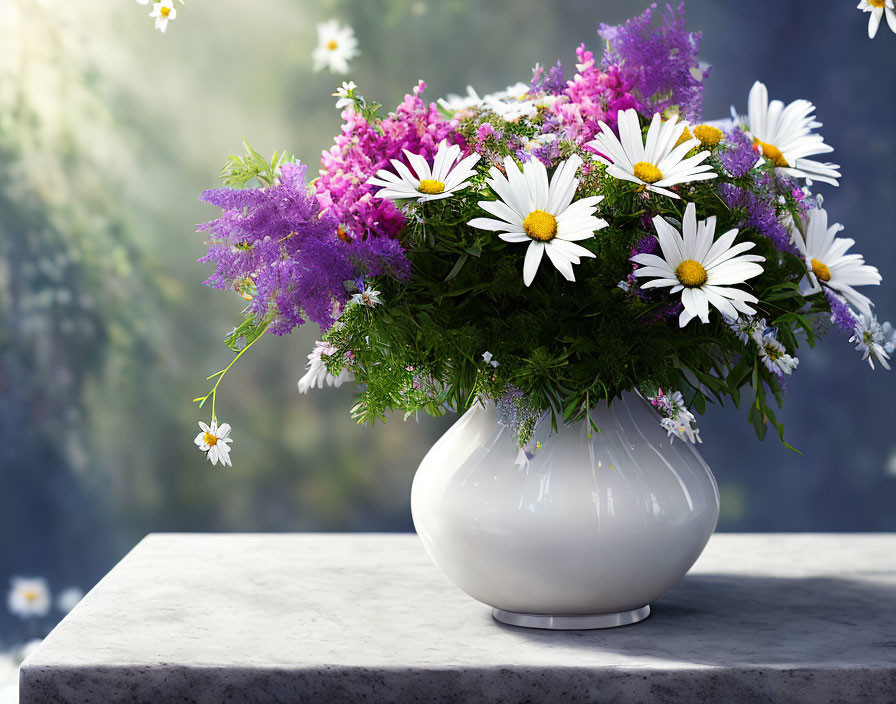 Purple and White Flower Bouquet in White Vase on Marble Surface