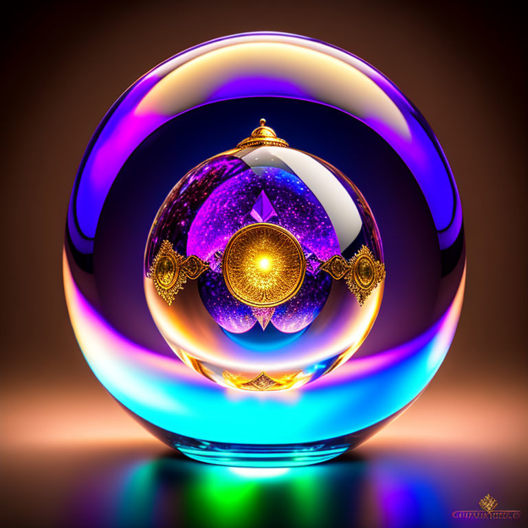 Intricate Purple and Gold Glass Sphere on Gradient Background