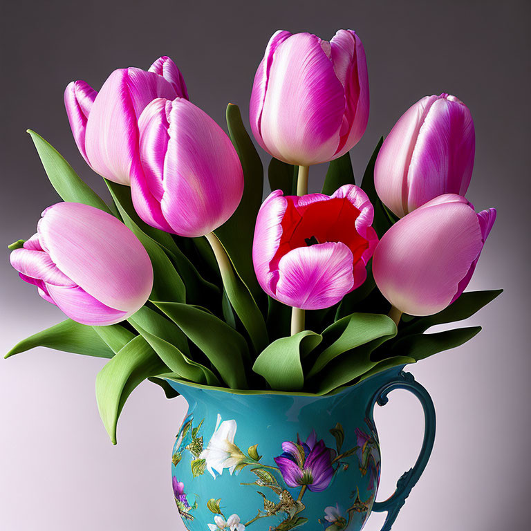 Colorful Tulip Bouquet in Blue Ceramic Jug on Grey Background