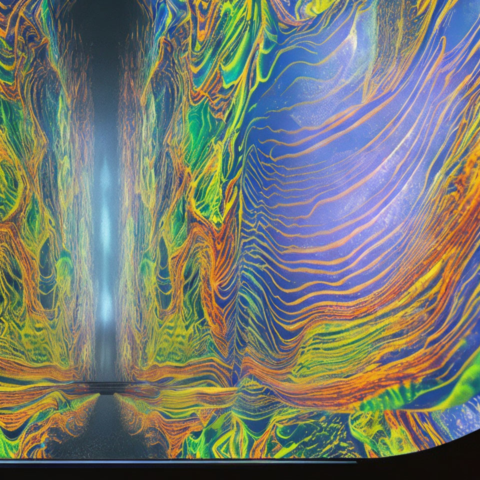 Abstract, vibrant colors swirl on curved panoramic screen