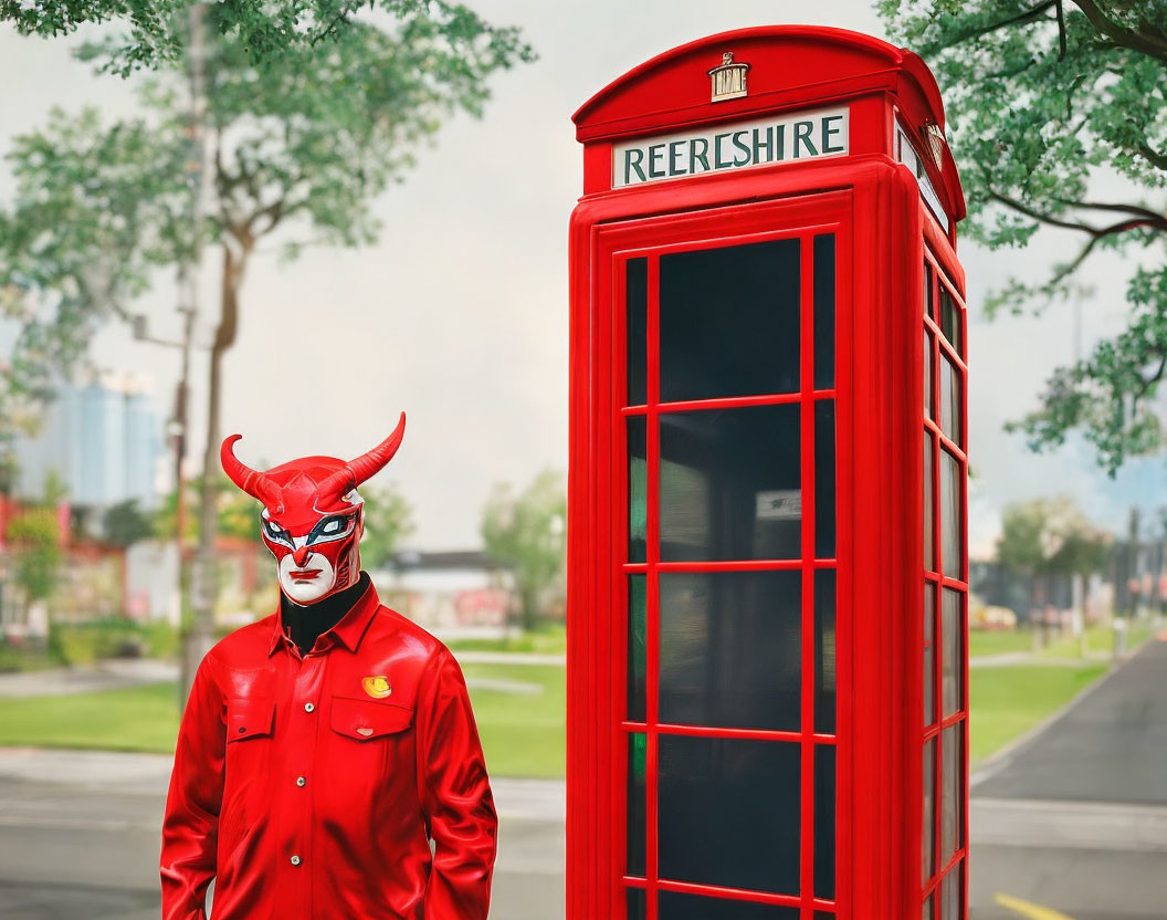 Person in red devil mask by altered British phone booth with "REERSHIRE" text