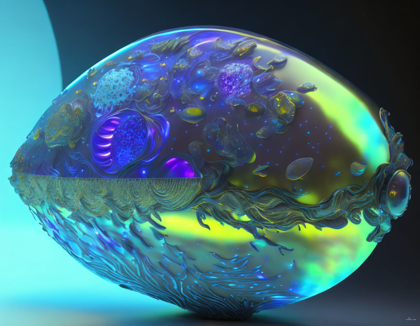 Translucent egg-shaped object with cosmic interior and organic frame