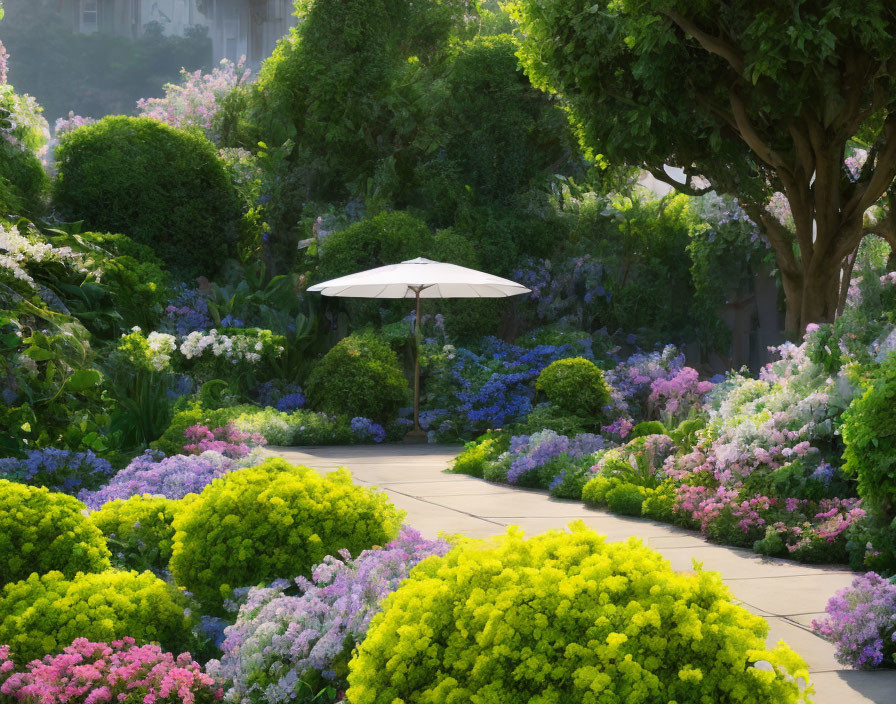 Vibrant hydrangeas in blue, pink, and purple shades in lush garden with white paras