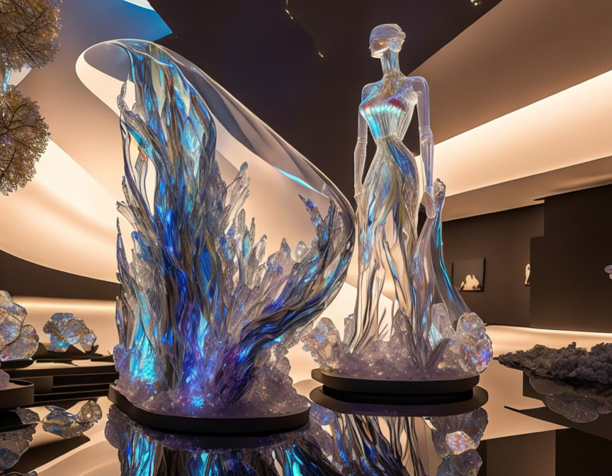 Glass Sculpture Gallery Featuring Dynamic Blue Crystal Formations & Human Figure Centerpiece