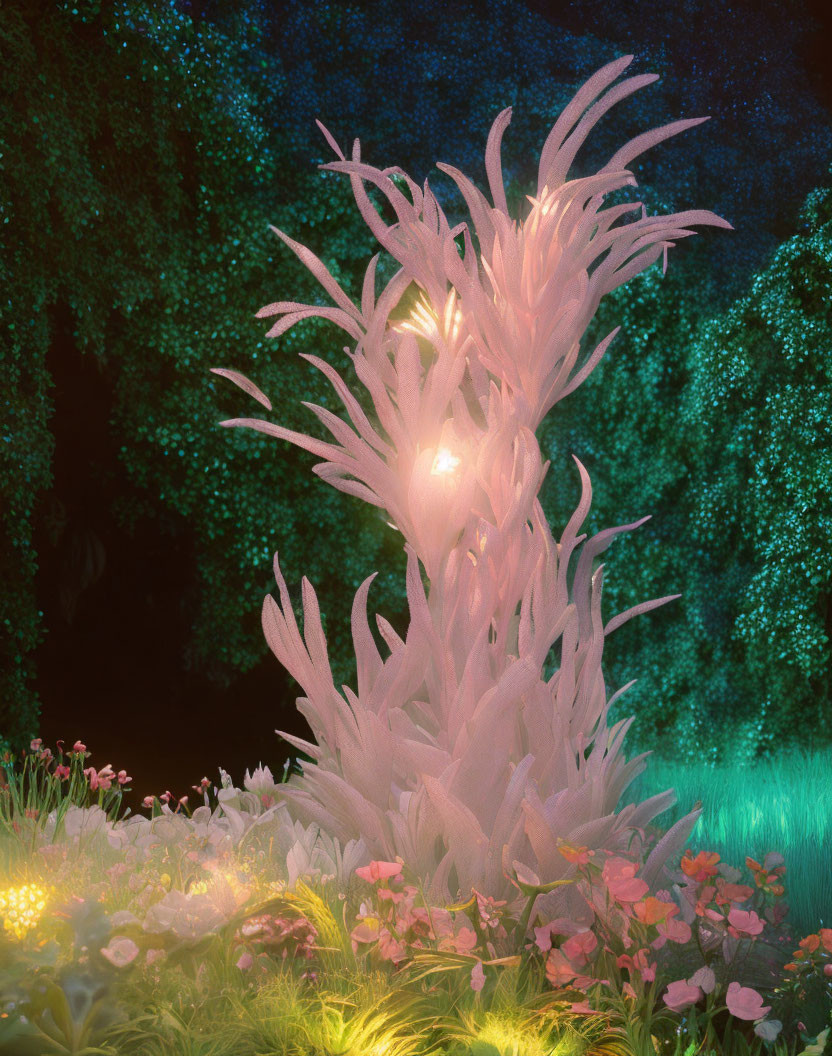 Glowing white foliage in mystical forest scene