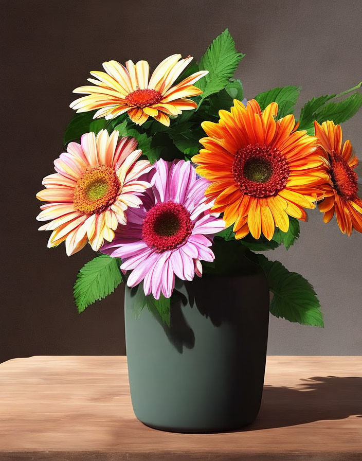 Colorful Gerbera Flowers in Vase on Wooden Table