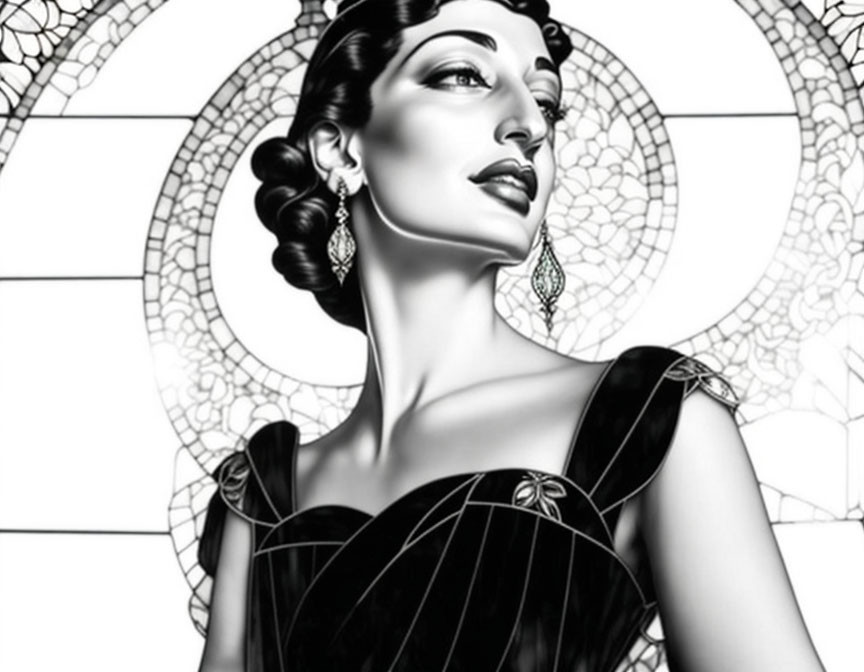 Monochrome Art Deco style illustration of elegant woman with classic hairdo and earrings