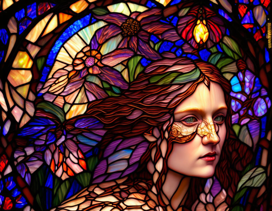 Colorful stained glass artwork featuring woman's profile and floral patterns