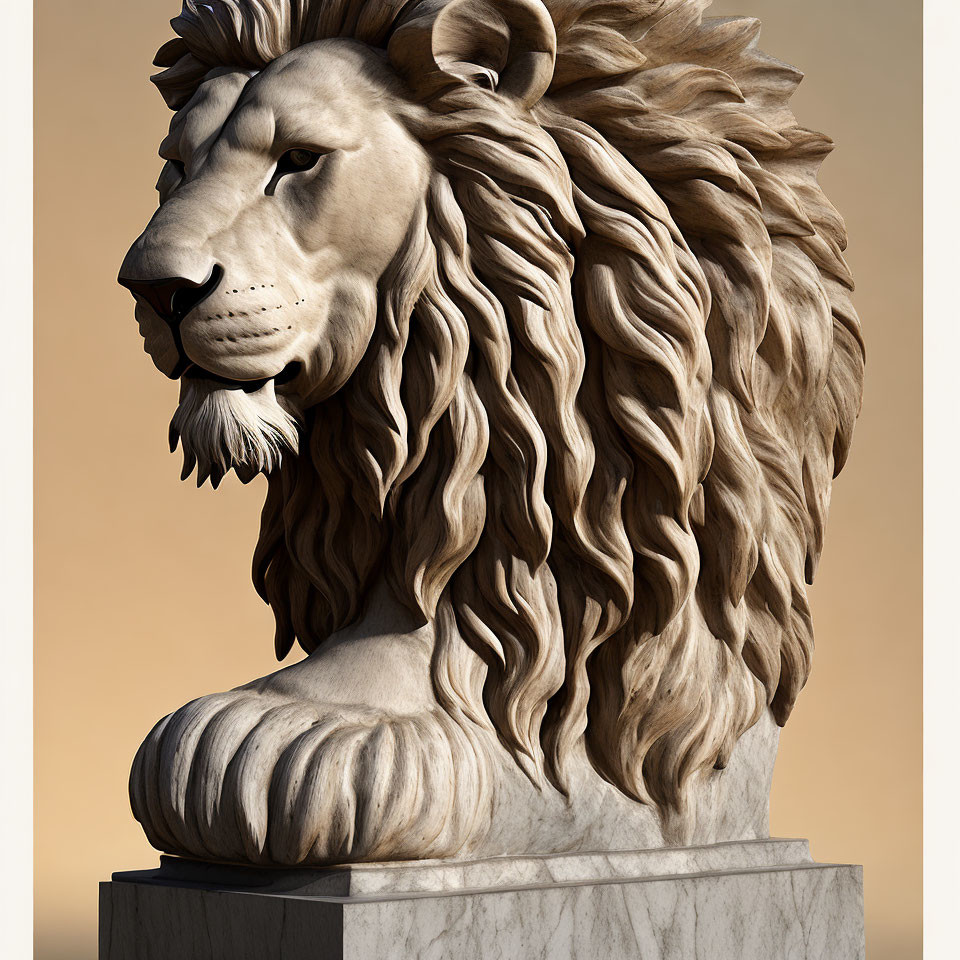 Detailed Lion Head Sculpture in Profile View on Smooth Pedestal