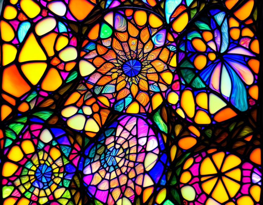 Vivid Stained Glass Pattern with Floral and Geometric Designs