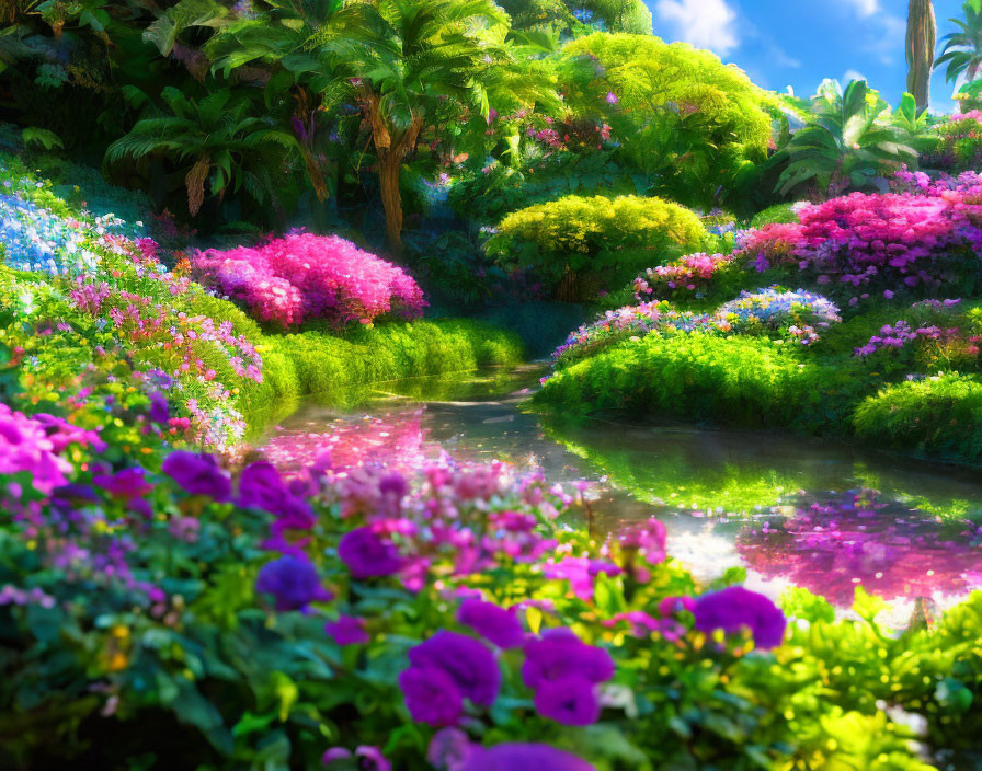 Lush Green Garden with Colorful Flowers and Serene Pond