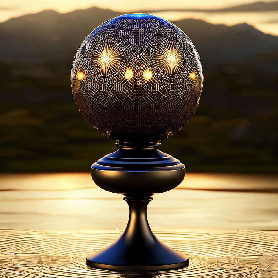 Intricate spherical lamp on sleek stand in sunset landscape