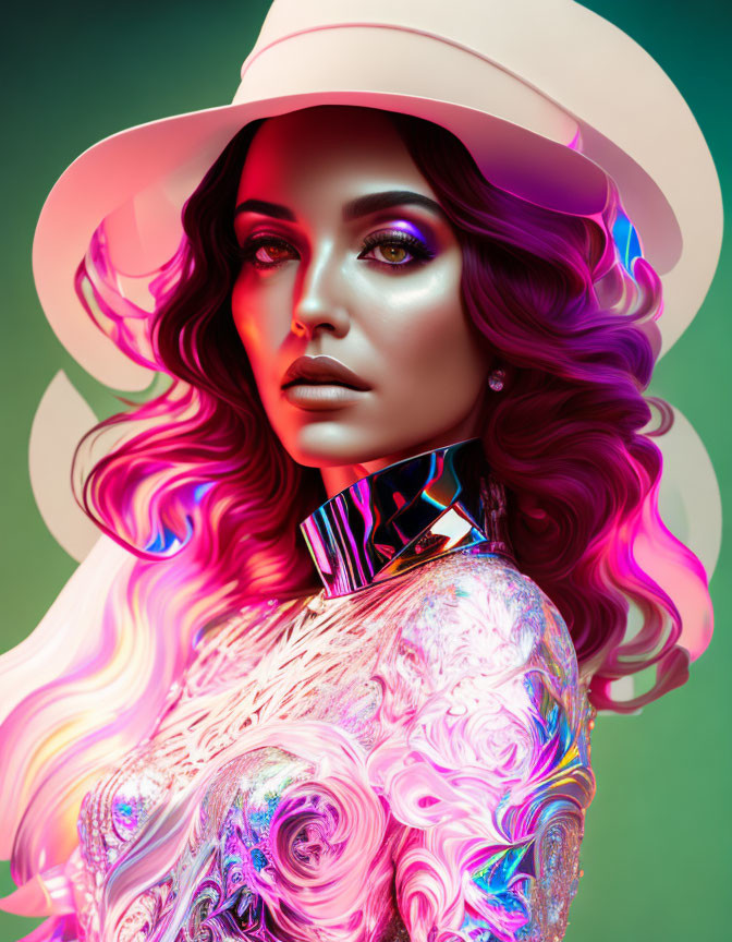 Vivid makeup and wavy hair woman in reflective outfit and hat on gradient background